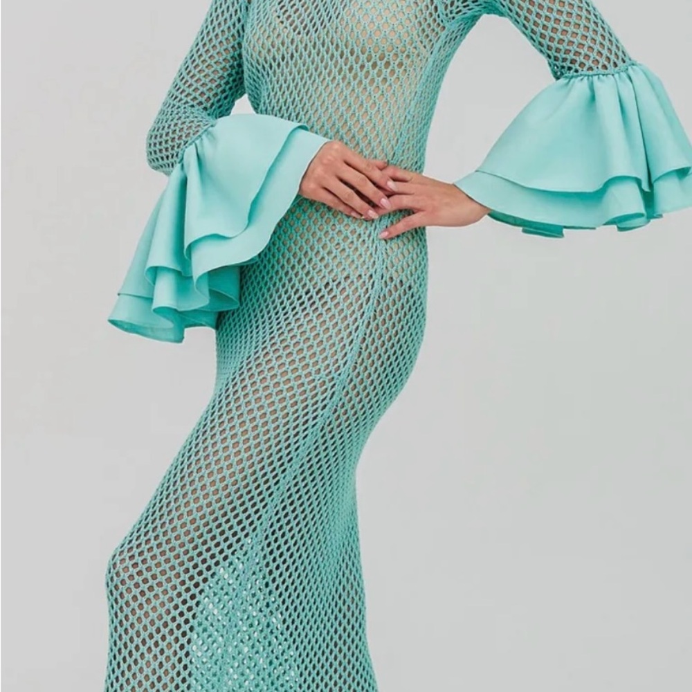 Pitusa Green Bodycon One Piece with Ruffled Bell Sleeves